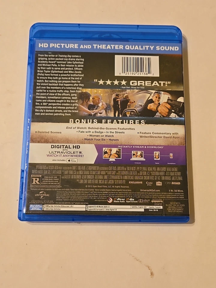 End of Watch Blu-Ray + Digital Copy 2012 Jake Gyllenhaal Michael Pena Pre-owned  - Image 2 of 4