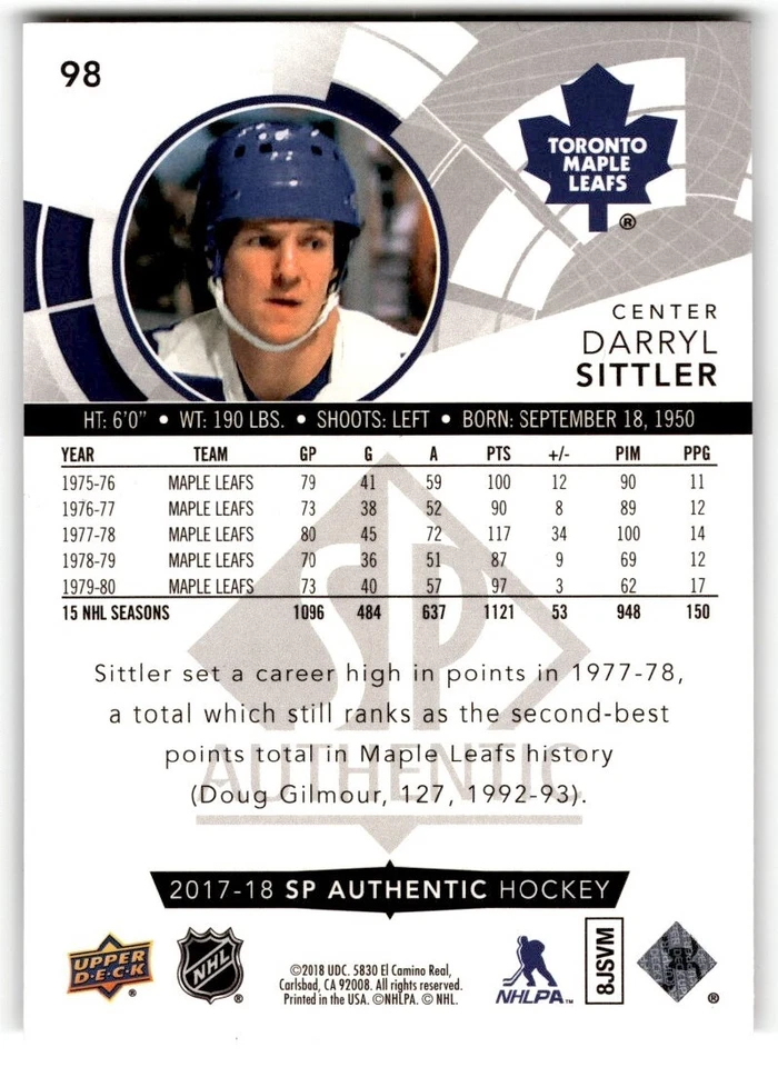 2017-18 SP Authentic Darryl Sittler #98 Toronto Maple Leafs - Image 2 of 2