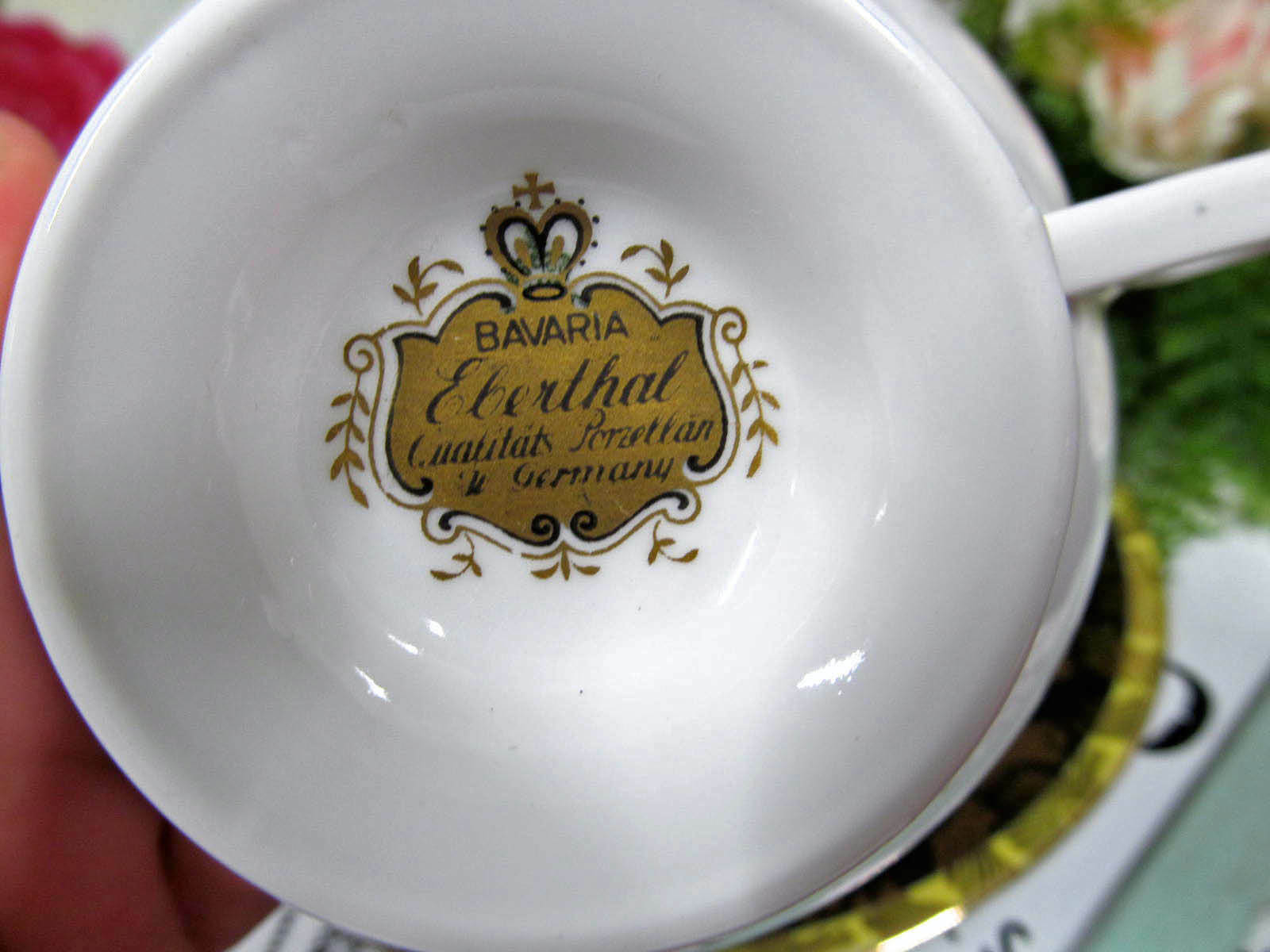 BAVARIA GERMANY tea cup and saucer trio ETCHED gold gilt black band teacup 50   