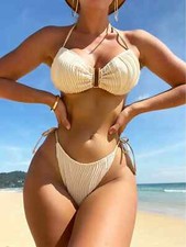 Halter Tie Side Bikini Swimsuit Set Women's Size Large Beige NEW