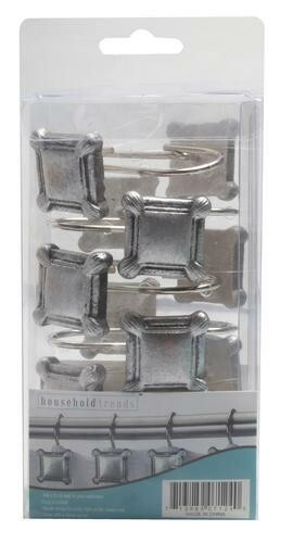 Shower Curtain Hooks Silver Metal Squares - 12 Count - Household Trends - New