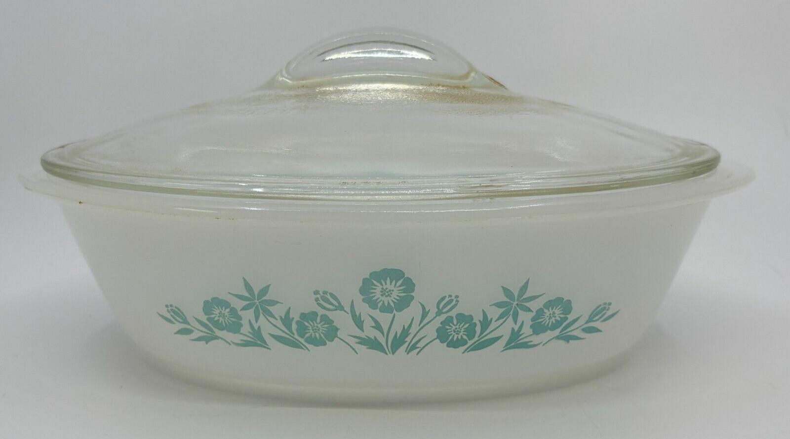 Vintage 1961-83 Glasbake Aqua Blue Floral on Milk Glass Oval Casserole with Lid
