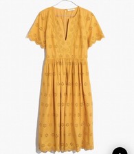 Madewell Scalloped Eyelet Midi Dress Size 10 Mustard Yellow Peekaboo Lace Summer