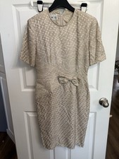 Albert Nipon Vintage Silk Neutral Polka Dot Bow Waist Midi Dress 6 8