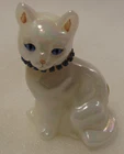 Fenton White Iridescent Glass Cat Figure September Birthday Blue Saphire Collar