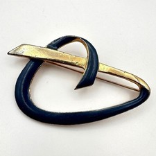 Vintage 80s Abstract Blue Enamel & Gold Tone Loop Brooch Pin Retro Jewelry