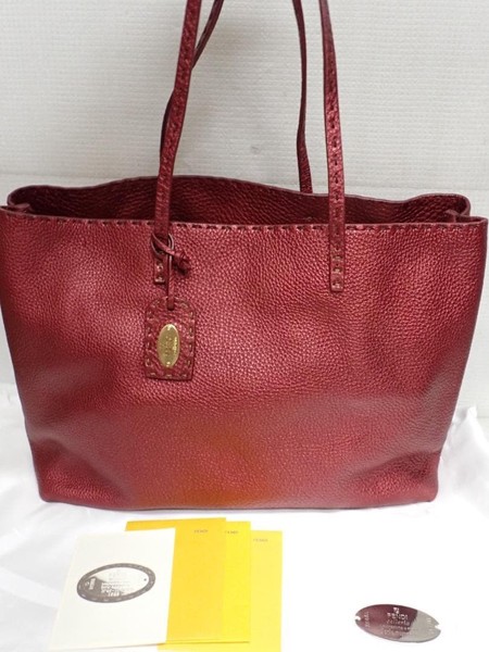 Fendi Selleria Leather Tote Bag Red Authentic Bordeaux Large Luxury Bag