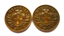 SWITZERLAND 2 RAPPEN 1918 + 1919, BERN MINT, THIN CROSS, KM#4.2