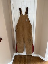 Carhartt R02 BRN Duck Bib Overalls Mens 40x32 Brown Double Knee Red Lined VTG