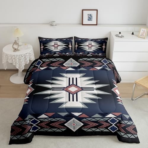 Southwestern Comforter Set Size,Rustic Farmhouse Western Queen Black Blue