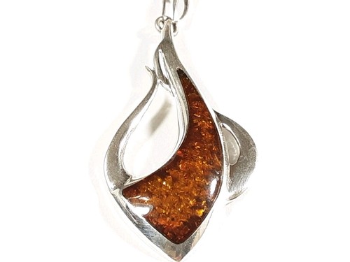 925 STERLING SILVER ELONGATED ARTISAN HANDCRAFTED AMBER 2 7/8" PENDANT 10.2g