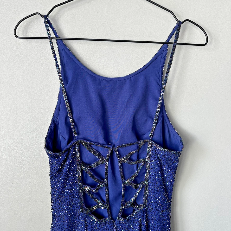 Vestido de noite formal feminino vintage Sean Collection azul frisado XS 100% fenda de seda - Imagem 3 de 4