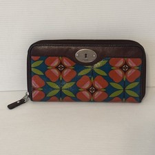 Fossil Key Wallet Brown Floral Coated Leather Zip Around 8x4 Cards Checkbook