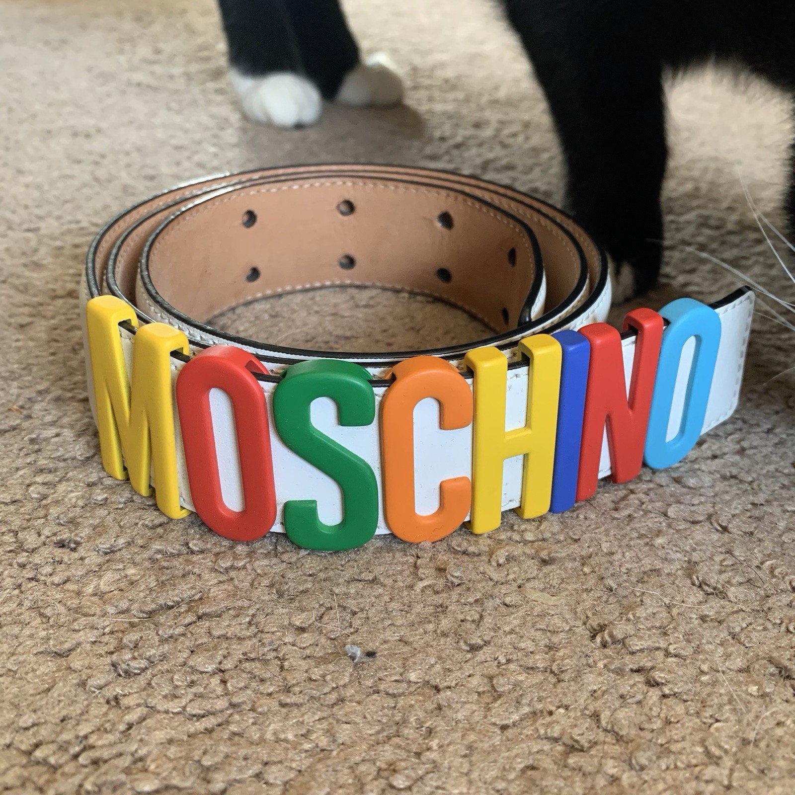 MOSCHINO MENS MILANO LOGO GENUINE LEATHER BELT 50 RARE AUTHENTIC