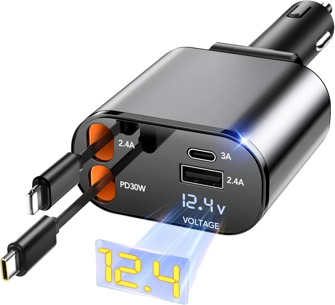 Retractable Car Charger, 4 in 1 Fast Car Phone Charger 66W, 2 Retractable Cab...