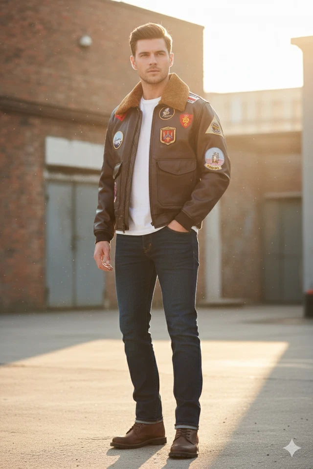 Chaqueta de bombardero de vuelo Top Gun G-1 para hombre Abrigo de parche azul marino XL Foto 2 de 4