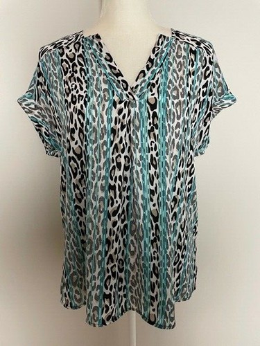 Dana Buchman Women Top Blouse Size S Black Blue Animal Print V Neck Short Sleeve