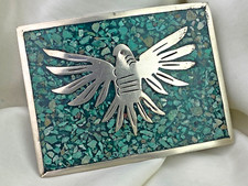 Vintage Artisan Belt Buckle - Turquoise Inlay Phoenix Bird Mexico - Alpaca