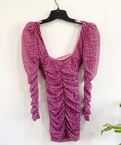 Oh Polly Purple Leopard Print Square Neck Mesh Ruched Bodycon Mini Dress US 6 - Picture 3 of 10