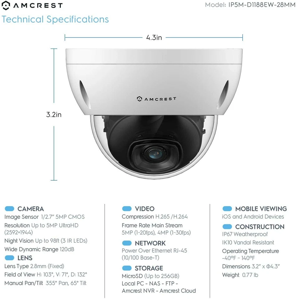 Amcrest 5MP IP Camera POE Security Vandal Dome IP5M-D1188EW-28MM 2.8mm Warranty - Image 3 of 4