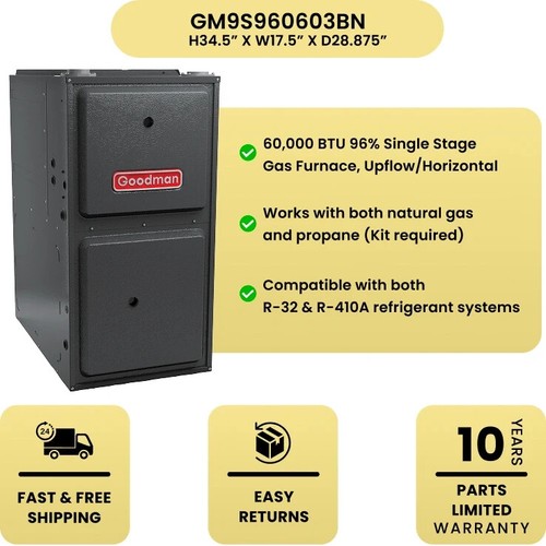GOODMAN 1.5 TON 14.5 SEER2 AC 96% AFUE 60,000 BTU GAS FURNACE SYSTEM-R32 -UPFLOW - Picture 5 of 6