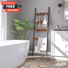 Tall Wooden Blanket Towel Ladder 5 Rungs Hooks Bathroom Rack Decor Shelf Leaning
