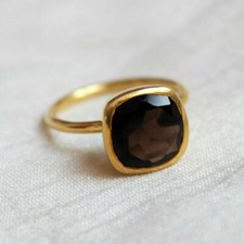 Natural Cushion Cut Smoky Quartz 925 Sterling Silver Yellow Gold Handmade Ring