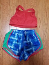 NIKE DRI FIT BLUE/GREEN/RED PLAID SHORTS AND RED SPORT BRA SET/OUTFIT SIZE XS