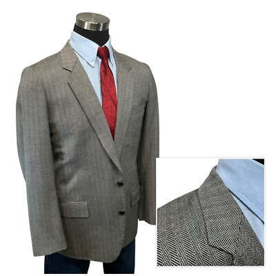 40R Herringbone Tweed Black Gray Suit Jacket Sport Coat Blazer Fabulous Wool