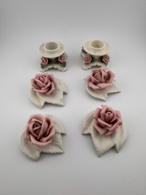 Alka Kunst Kronach Bavaria Rose Placecard Holders (4) With 2 Candlestick Holders