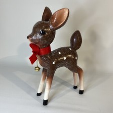 Deer Reindeer Figurine Retro Style 9 1/2  Brown Spotted W/ Glitter  Bell 5EB53
