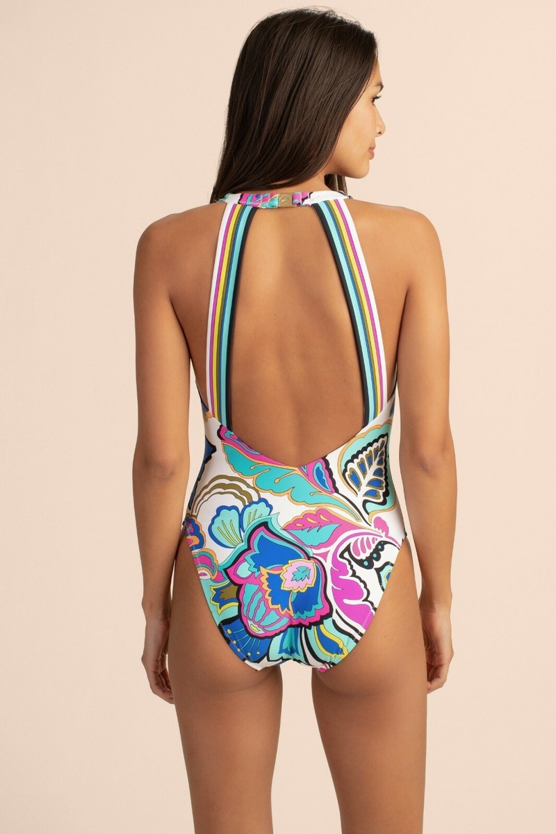 Trina Turk Mandalay Floral Plunge Ring Buckle Halter One Piece