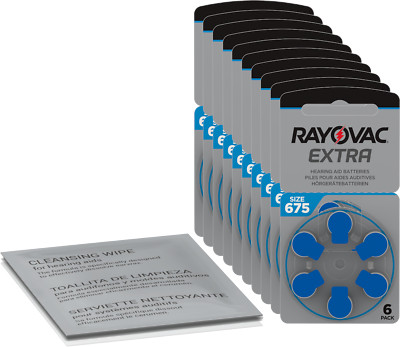 60 x Rayovac Extra Advanced Hearing Aid Battery Blue 675 (10 x 6) + Cleaning ...
