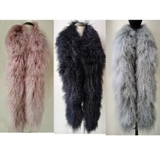 Real Mongolian Lamb Fur Scarf Shawl Wraps Long Double Sides Fur Pink Black Grey