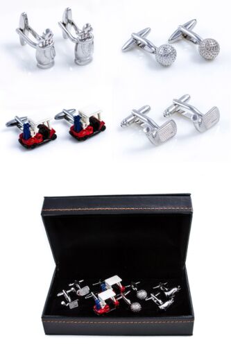 Golf Cart Balls Bag Clubs Heads 4 Pairs of Cufflinks Wedding Fancy Gift Box - Picture 1 of 7