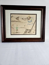 Cartoon Watercolor Painting David & Goliath Framed 17 1/8" x 14 1/4 " Multicolor