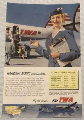 Vintage 1954 Trans World Airlines Original Print Ad Full Page - Bargain Fares