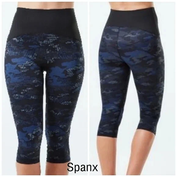 SPANX Active Compression High Waist Geo Camo Blue/Black Crop Leggings Size  M