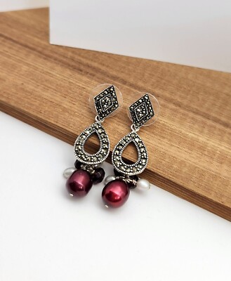 Sterling Silver Red White Pearl Garnet Marcasite Pierced Dangle