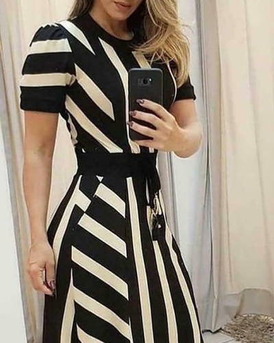 Elegant Women's Crew Neck Striped Long Dress Bodycon Short Sleeve Evening Party - Picture 3 of 7