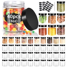 Gencywe 40 Pack 8oz Clear Plastic Jars w/ Black Lids Labels Leakproof Storage PE