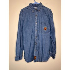 1990s Walt Disney World Chambray Denim Mickey Mouse Crest Button Up Shirt M