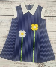 Vintage 70s 4T Girls Blue Pinstripe Flower Applique A-Line Dress Peter Pan