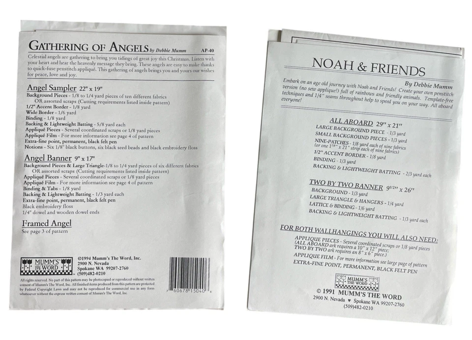 Lote de 2 Patrones Mumm's The Word Reunión de Ángeles Noé y Amigos con Tela Foto 3 de 4
