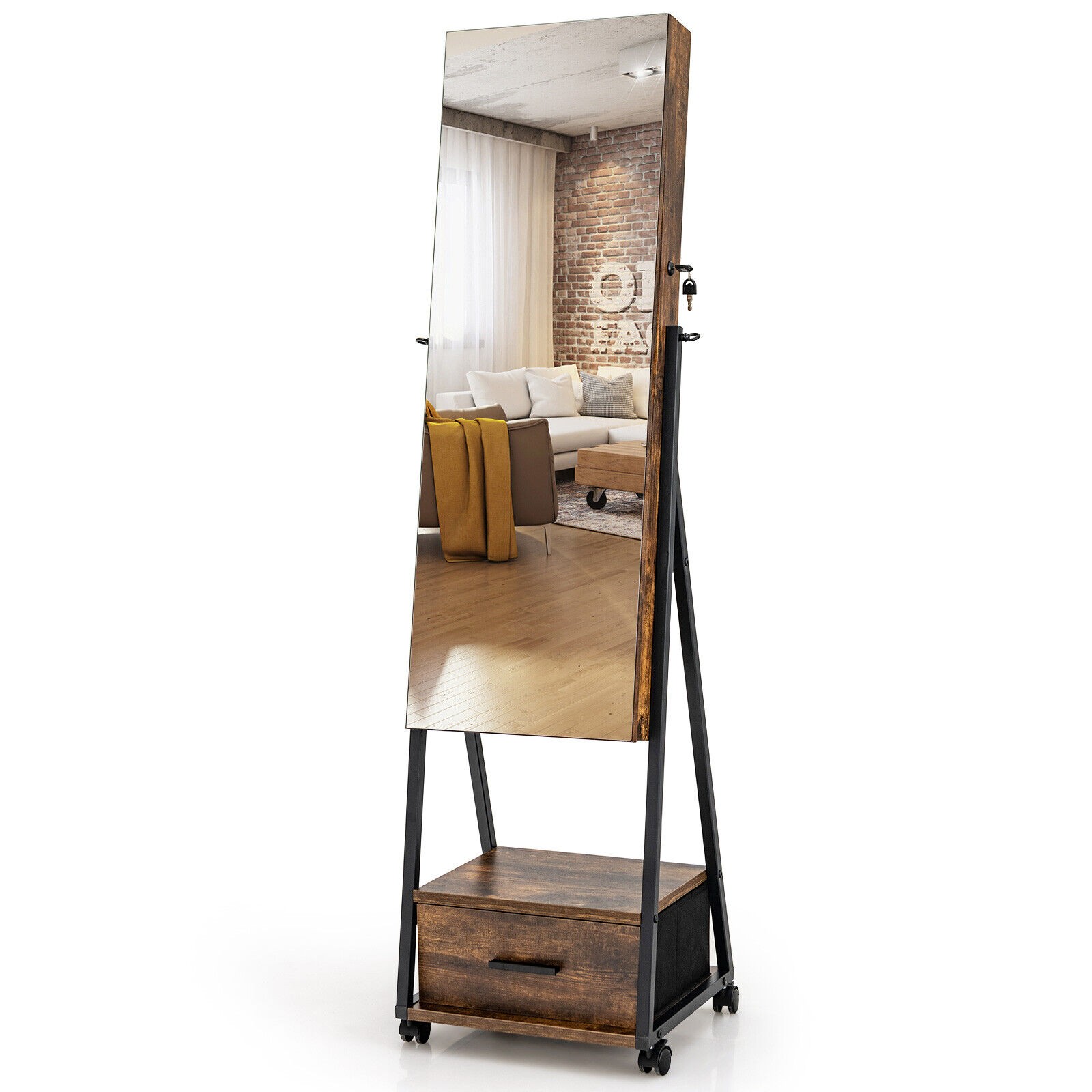 Costway Jewellery Cabinet - Lockable Mirrored Organizer - Coffee Brown - MDF & Iron Frame - Image 3