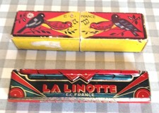 Rare Harmonica jouet tôle lithographiée bois art déco E.C France La Linotte CA27