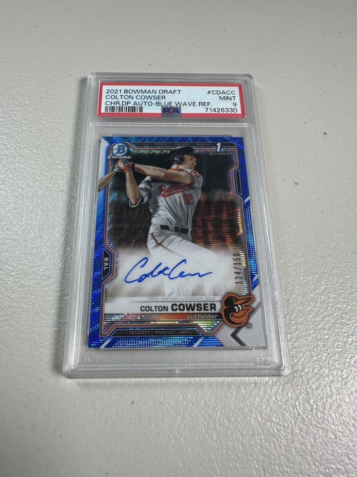 Colton Cowser 2021 Bowman Draft Chrome 1st Bowman Blue Wave Auto /150 PSA 9