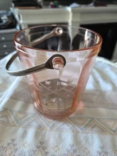 Pink Depression Glass 6" Tall Ice Bucket Beveled Sides Etched Floral Design