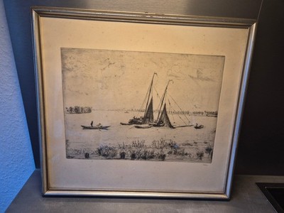 Alte Radierung Segelboote 2x signiert  Brün  &  Zona aRH  ca. 40 x 46 cm gerahmt