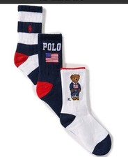 New Polo Ralph Lauren 4-10 Boys 3 PAIRS Socks BEAR winter Flag Red White blue L